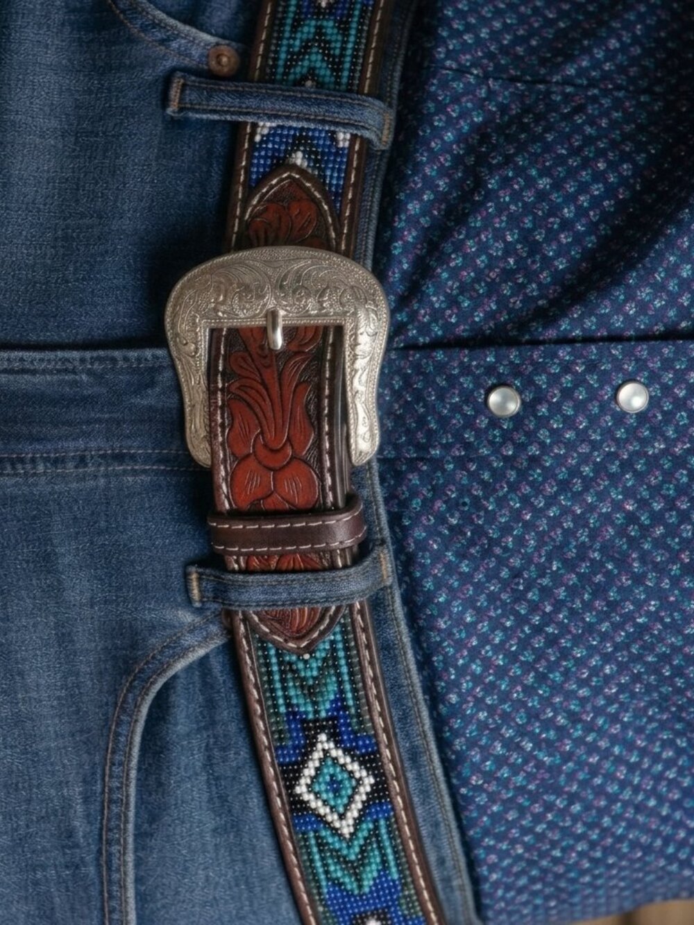 TWISTED X belt western "Aztec" native beaded & "tooled" leather - 32"